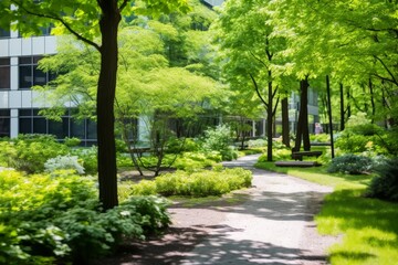Modern computing facility in natural setting with lush greenery and modern architecture