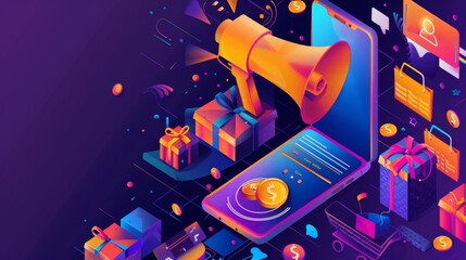 An isometric modern illustration of digital marketing and shopping. Mobile phone, loudspeaker, large megaphone, 3D sale and discount promo icons.