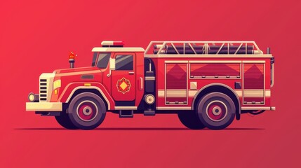 Firefighter vehicle side view isolated on red background with red fire engine, emergency rescue truck and flashing siren light. Modern cartoon illustration of firefighter vehicles.