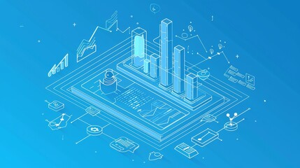 Banner of keyword research tool with isometric chart on blue background. Modern landing page of SEO optimization service with robot, artificial intelligence chatbot.