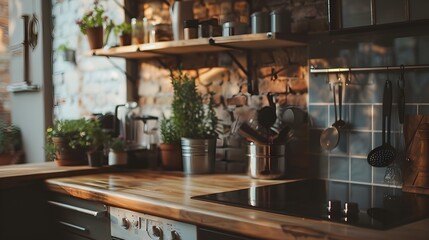 Cozy and Inviting Rustic Kitchen with Wooden Shelves and Assorted Cooking Essentials - obrazy, fototapety, plakaty