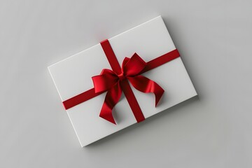 A white box with a red bow on top of it. The box is decorated with red ribbons and confetti. Concept of celebration and joy, as it is likely a gift for a special occasion