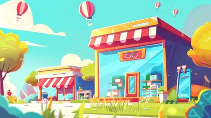 This is an online to offline banner. It demonstrates an O2O sales system with an illustration of shop building and an online market on a computer screen.