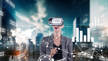 Businesswoman user making zoom with big data dynamic market graph monitor VR future global...