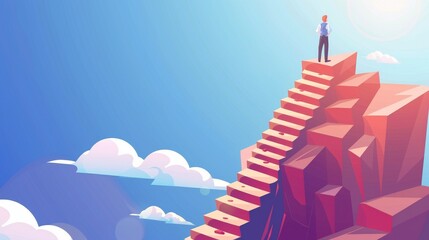 An isometric career ladder landing page with the opportunity to succeed. A businessman stands in confusion about his career path and their future, making a decision, finding a solution and choosing - obrazy, fototapety, plakaty