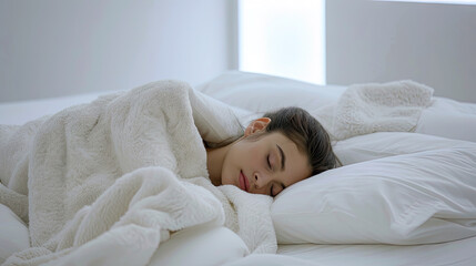 Smiling woman lying in a white blanket on a white bed