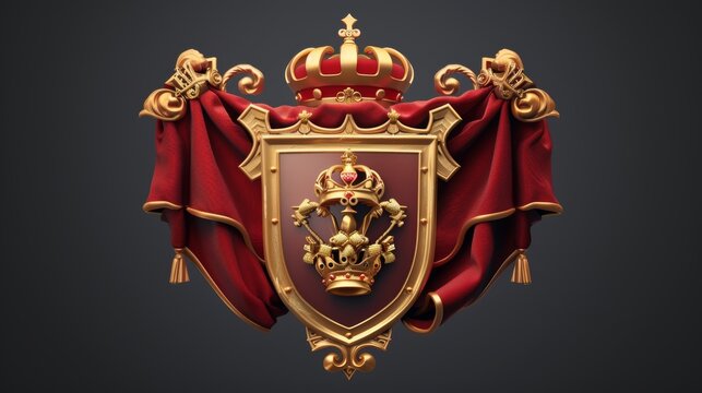 The coat of arms of a medieval gold king emperor with a golden crown, shield and red folded cloth. Superb 3D modern illustration of a heraldic royal emblem.