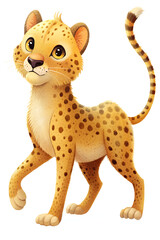 Cartoon style illustration of cute cheetah, walking isolated on transparent background