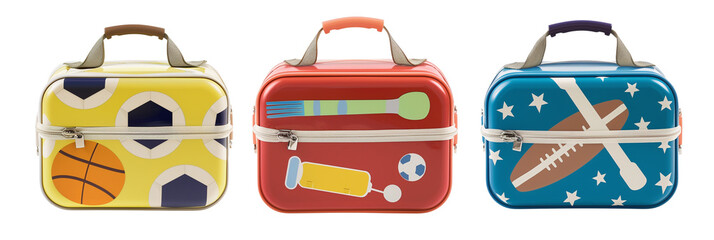 set of different sports-themed lunchboxes for kids, each featuring different sports equipment, isolated on transparent background