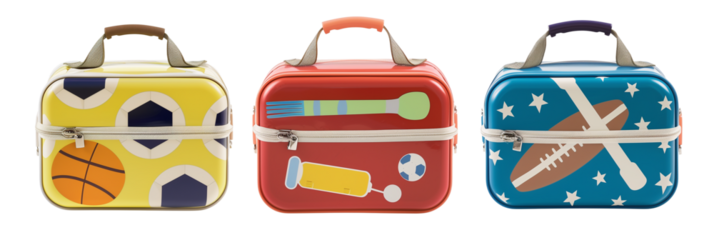 set of different sports-themed lunchboxes for kids, each featuring different sports equipment, isolated on transparent background