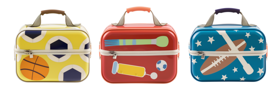 set of different sports-themed lunchboxes for kids, each featuring different sports equipment, isolated on transparent background