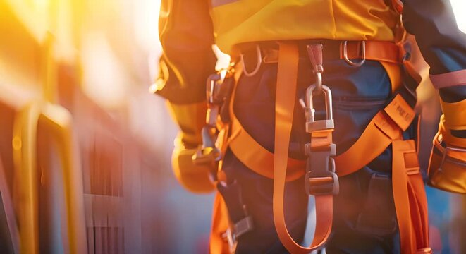 Worker adjusting a bright safety harness, background softly out of focus