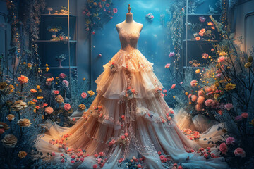 Fabulous handmade designer wedding dress with layers of tulle and delicate beadwork is displayed on a mannequin in a dreamy bridal salon, surrounded by floral arrangements - obrazy, fototapety, plakaty