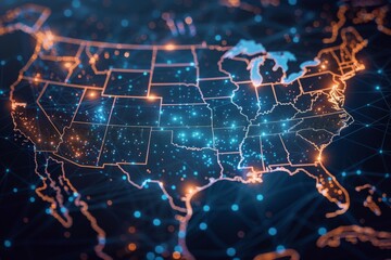 Fototapeta premium Digital Map of USA with Network Connection created with generative AI