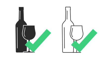 Alcohol allowed area sign icon vector, beverage verified checkmark on wine bottle drink as approved certified taste graphic illustration set line stroke outline silhouette image, vote rate label