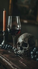 A skull sitting on a table next to a glass of wine