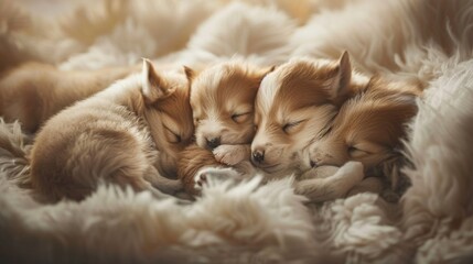 Three puppies are sleeping on a fluffy blanket