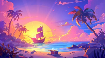 A pirate ship moored on a secret island, with a treasure chest at sunset. A filibuster digging for loot at the beach, with palm trees in the background. Adventure book or game scene, cartoon modern - obrazy, fototapety, plakaty