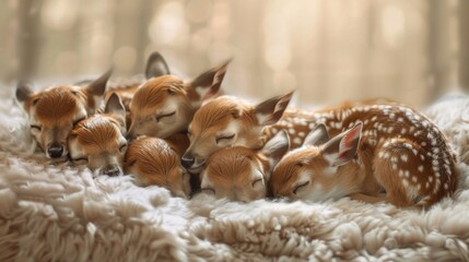 Naklejka premium A group of baby deer sleeping together on a blanket