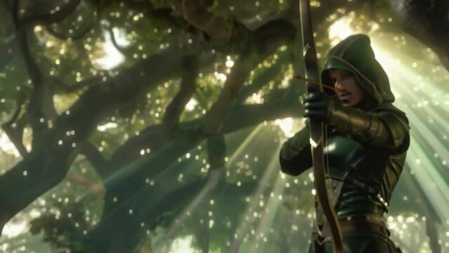 A young man takes aim with a bow and arrow amidst a mystical forest. Hooded, he wears green and brown clothing. Dappled sunlight creates an enchanting atmosphere around him. 