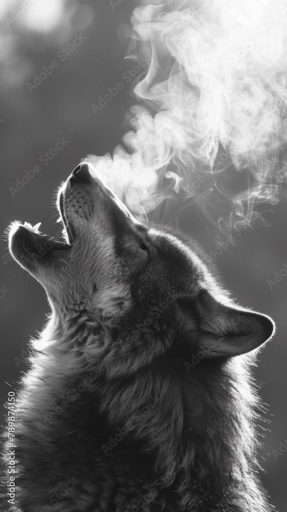 Sticker a black and white photo of a wolf with its mouth open