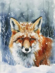 A watercolor painting of a red fox in the snow