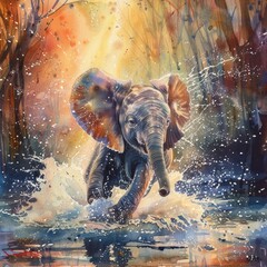 A watercolor painting of an elephant calf running through a river, with a colorful background.
