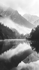 A black and white photo of a lake with mountains in the background