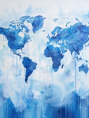 A watercolor painting of the world map in blue.
