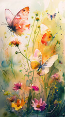 A watercolor painting of butterflies in a field of flowers.