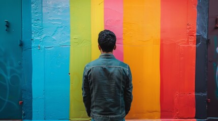 A man standing in front of a colorful wall