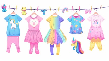Children apparel hanging on a clothesline. Modern illustration of t-shirts, sweatshirts, shorts, dresses, pajamas with unicorn shapes, sweaters, hats, and pants for boys and girls.