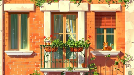 An adorable poster with a vintage balcony on a building facade. Modern banner featuring a cartoon illustration of a house with brick walls, curtains, and a terrace with a red cat overlooking a white