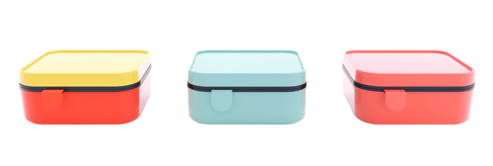 set of different minimalist lunchboxes in solid colors, isolated on transparent background