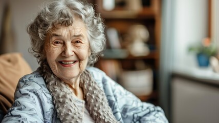 An elderly woman with gray hair and wrinkles is smiling.
