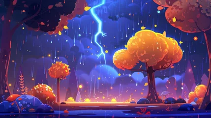 Foto op Canvas In a rainy autumn landscape with orange trees and bushes, a cartoon illustration of a thunderstorm with lightning and water drops can be used as a background for animation in 2D. © Mark