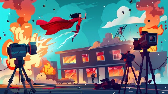 The heroic superhero in red cape is flying towards a burning building on city street. A burning house is depicted, as well as movie cameras on tripods.
