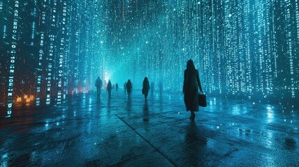 The picture of the group people that has been walking into the endless walkway that has been raining with the digital matrix green binary rain of code that seem like people search something. AIGX01. - obrazy, fototapety, plakaty