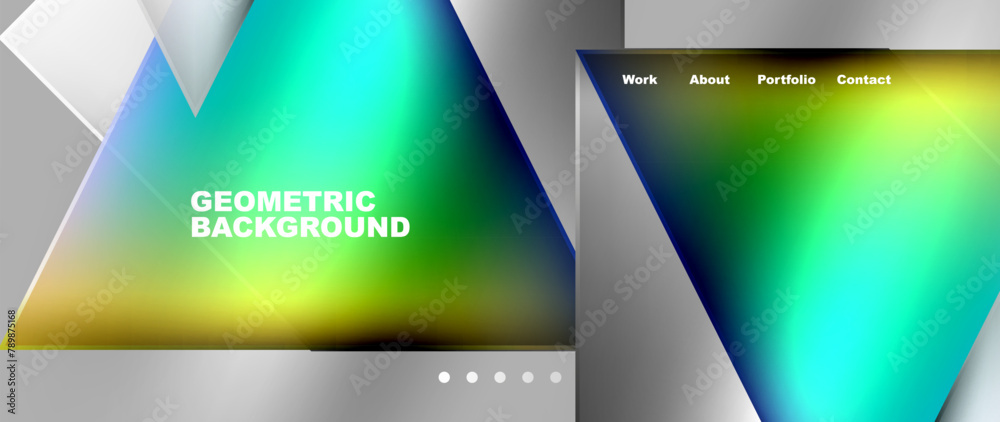 Poster A modern geometric background featuring colorful triangles on a gray background. This design is perfect for electronic devices, showcasing electric blue hues and multimedia elements