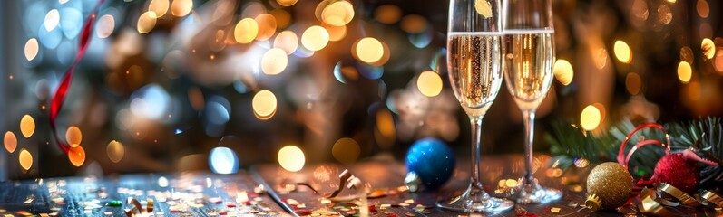Two glasses of champagne sitting on a table. Holiday banner