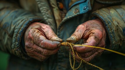A close up of a person's hands holding a piece of rope. The hands are weathered and worn from hard work. - obrazy, fototapety, plakaty