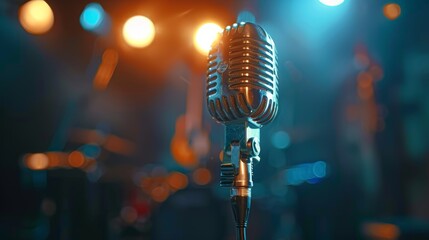 A close up of a vintage microphone on a stage with a blurred background of blue and orange lights. - obrazy, fototapety, plakaty