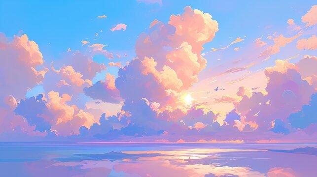 Dive into the mesmerizing painting of a sunset sky in a cartoon style summer sunrise where pink clouds dance around the radiant sun creating a mesmerizing evening cloudy panorama This vivid 