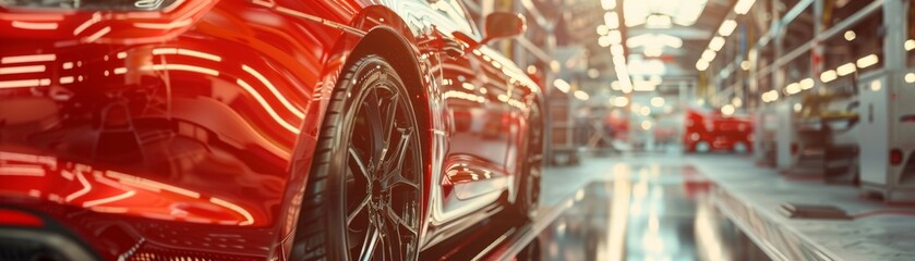 A sleek red luxury sports car gleams under the bright lights of an automotive production line, embodying speed and precision engineering.
 - obrazy, fototapety, plakaty