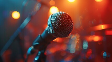 Close-up of a microphone on stage with colorful blurred lights in the background. - obrazy, fototapety, plakaty