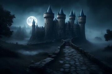 Naklejka premium an atmospheric castle panorama, with turrets rising through the fog under the moonlight.