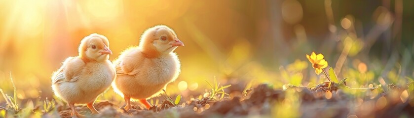 Two cute baby chicks in a field of flowers and sunshine.