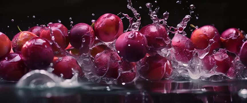 A cascade of ripe plums into the dark water, splashes forming intricate patterns