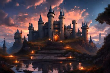 Fototapeta premium a fantasy castle setting, with towers adorned with banners against a vivid evening sky.