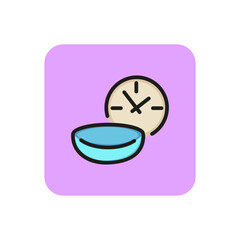 Obraz premium Icon of lens wearing time. Clock, contact lens, optical instrument. Optometry concept. Can be used for topics like wearing schedule, care of eye, instruction